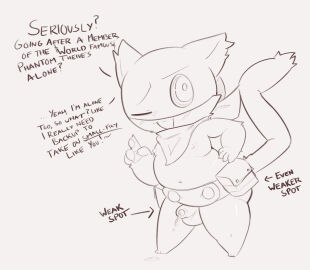 anthro bodily_fluids cum dialogue felid genital_fluids genitals hand_on_hip hi_res kerchief leaking leaking_cum male male_focus male_only mammal morgana_(persona) penis persona_(series) persona_5 slightly_chubby small_penis smug solo solo_male taunting teasing teasing_viewer text yuta1cc