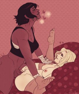 1futa 1girls artist_signature breasts breasts_out clitoral_stimulation clitoris dark-skinned_futa dark_skin female futa_on_female futa_with_female futanari hearts interracial intersex ladypaprika light-skinned_female light_skin looking_at_partner looking_pleasured mating_press medium_breasts mercy motion_lines muscular muscular_futa overwatch overwatch_2 pharah pussy sports_bra stockings sweat trans_woman transfem vaginal_penetration