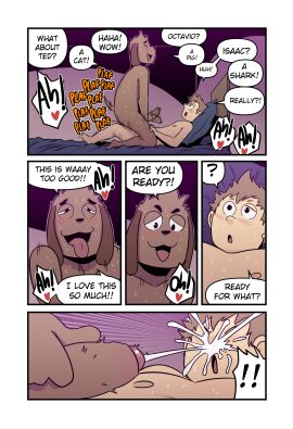 anal anal_sex anthro anthro_penetrated ass bed blush bodily_fluids brown_body brown_fur brown_hair canid canine canis comic cum cum_on_face dialogue domestic_dog duo english_text foreskin fur furniture genital_fluids genitals hair heart_symbol hi_res human human_on_anthro human_penetrating human_penetrating_anthro interspecies looking_pleasured lying male male/male male_penetrated male_penetrating male_penetrating_male mammal nipples nude on_back on_bed open_mouth open_smile penetration penile penile_penetration penis penis_in_ass roy_(t0l0k) sex smile sweat t0l0k text tongue tongue_out uncircumcised