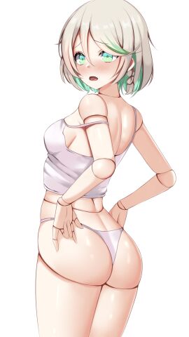 1girls 2d 2d_(artwork) alternate_costume ass blush cecilia_immergreen doll doll_joints embarrassed embarrassed_female female female_focus female_only high_resolution highres hololive hololive_english hololive_english_-justice- light-skinned_female light_skin looking_at_viewer simple_background slim_female solo solo_female solo_focus standing thong virtual_youtuber vtuber vtuberfanart white_background white_hair white_thong young younger_female