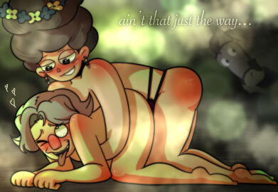 1boy 1girls bokeh brown_hair caucasian couple dildo_in_ass dominant_female earrings female female_on_top female_penetrating female_penetrating_male floor_sex flower_crown fred_(otgw) grey_hair heart-shaped_pupils horse male male_penetrated margueritte_grey older_female older_male over_the_garden_wall pegging quincy_endicott smoke straight strap-on strapon submissive_male tea_garden text