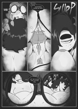 absurd_res anus black_and_white blush bodily_fluids breasts comic devilchild dialogue drooling duo eyewear female female/female genital_fluids glasses hailey_(peculiart) hi_res humanoid lizard monochrome nipple_fetish nipple_play nipple_suck nude peculiart pussy pussy_rubbing reptile saliva scalie silvia_(peculiart) sound_effects speech_bubble sucking tail vaginal_fluids