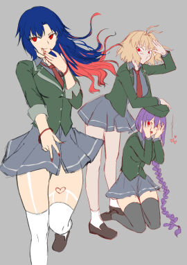 3girls absurdres ankle_socks anklehighs arcueid_brunestud axia-chan black_socks black_thighhighs blazer blonde_hair blood_from_mouth blue_hair blush breasts ciel_(tsukihime) commentary_request covering_own_eyes female green_shirt grey_skirt hat highres jacket large_breasts loafers long_hair long_legs male male_in_female_body medium_breasts melty_blood michael_roa_valdamjong multicolored_hair multiple_females multiple_girls nail_polish necktie o3o possessed possession purple_hair red_eyes red_nails red_necktie roa-ciel shirt shoes short_hair sion_eltnam_atlasia sion_tatari sketch skirt socks socks_and_shoes thigh_socks thighhighs thighs tsukihime type-moon vampire vampire_girl very_long_hair white_legwear white_socks