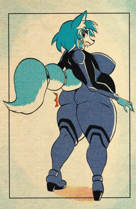 2025 absurd_res anthro ass belly big_ass big_belly big_breasts blue_hair bodily_fluids bodysuit breasts canid canine clothed clothing colored comic_style digital_drawing_(artwork) digital_media_(artwork) female footwear fox fur gothmeup hi_res high_heels huge_breasts huge_filesize krystal looking_at_viewer mammal nintendo nipples overweight shoes simple_background skinsuit solo star_fox sweat tail thick_thighs tight_clothing