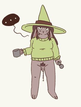 anthro bodily_fluids clothed clothing cum cum_drip digital_media_(artwork) dripping fur genital_fluids genitals hair hat headgear headwear lagomorph looking_at_viewer male mammal partially_clothed penis simple_background solo sweater thegunkster topwear witch_hat