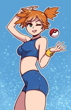 1girls 2024 2d 2d_(artwork) akairiot arm_up bare_shoulders bikini bikini_shorts bikini_top blue_background breasts clothed clothed_female female human human_only kasumi_(pokemon) medium_breasts misty_(pokemon) nintendo open_mouth orange_hair outline pokeball pokemon ponytail questionable sexy_outfit skinny skinny_female smile solo solo_female standard_pokeball thighs turquoise_eyes wink winking wristband
