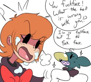 angry anthro avery_(skullgirls) avian beak big_bow_tie bird black_eyes black_text bodily_fluids bow_tie brown_clothing captain_kirb clothing cum cum_in_hair cum_on_clothing cum_on_face cybernetics cyborg duo english_text exclamation_point eyelashes feathers female galliform genital_fluids gloves green_body green_feathers hair handwear holding_another human human_ears larger_female larger_human machine male mammal open_mouth orange_hair peacock_(skullgirls) peafowl phasianid pink_tongue question_mark red_bow_tie sharp_teeth simple_background size_difference skullgirls smaller_anthro smaller_male speech_bubble talking_to_another tan_body tan_ears tan_nose tan_skin teeth text tongue white_background yellow_beak