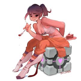 1girls absurdres almost_naked aperture_science_weighted_companion_cube belly_button black_eyes bra breasts brown_hair cake cake_slice chell cherry cleavage commentary crumbs eating eating_cake eating_food english_commentary female female_only food food_on_face fork fruit highres holding holding_behind_back holding_fork holding_plate jumpsuit large_breasts leaning_forward legs looking_at_viewer navel nostrils orange_jumpsuit panties panties_peek philtomato plate ponytail portal_(series) portal_1 signature simple_background sitting sitting_down solid_color_background solo sports_bra underwear white_background white_panties white_sports_bra