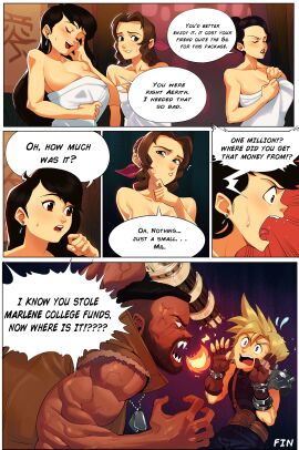 2boys 2d 2d_(artwork) 3girls aerith_gainsborough angry barret_wallace black_hair blonde_hair brown_hair cleavage cloud_strife dark-skinned_male dark_skin dialogue end_page english_text female final_fantasy final_fantasy_vii human human_female human_male humor light-skinned_female light-skinned_male light_skin madam_m male naked_towel post-sex tifa_lockhart timbocactus towel