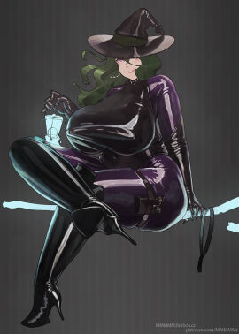 breasts broomstick female green_hair heels high_heels huge_breasts latex latex_suit long_hair mmmmmkun witch witch_hat