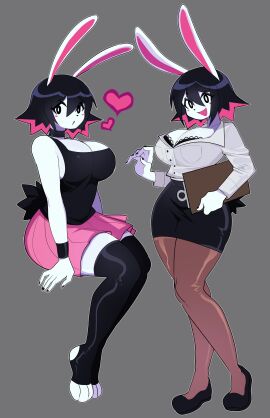 big_breasts black_hair black_nail_polish black_nails bloodycherrylip bra_peek bracelets breasts bunny bunny_girl choker ddloveblood dvampiresmile felix_(dvampiresmile) female female_focus female_only full_body fully_clothed hare hare_humanoid heart hi_res hourglass_figure leggings legwear office_clothing office_lady pink_hair pink_skin short_hair sitting skirt standing tank_top thick_thighs thigh_highs thighhighs topwear two-tone_hair voluptuous voluptuous_female white_body white_pupils white_skin wide_hips