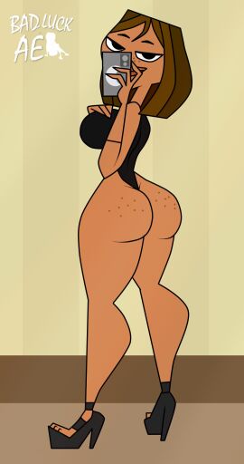 1girls 2d 2d_(artwork) accurate_art_style artist_logo ass badluckae big_ass big_breasts breasts brown_hair bubble_ass bubble_butt busty courtney_(tdi) female female_only freckles freckles_on_ass high_heels hourglass_figure huge_ass huge_breasts large_ass large_breasts long_legs mirror_selfie one-piece_swimsuit open_toe_shoes phone rear_view selfie short_hair solo swimsuit taking_selfie thick_thighs total_drama_(series) total_drama_island wide_hips