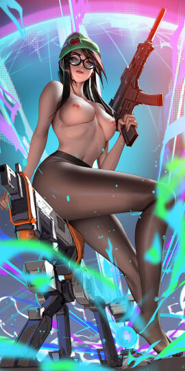 1girls assault_rifle beanie big_breasts breasts curvy_figure female glasses gun killjoy_(valorant) large_breasts legs legwear liang_xing pantyhose sitting solo stockings tagme thick_thighs thighs topless valorant very_high_resolution
