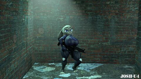 ass big_breasts breasts bunny_ears bunny_girl clothing female holding_weapon josh-u4 judy_hopps looking_at_viewer mp5 police police_uniform thick_ass thick_thighs zootopia