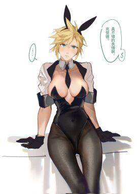 1girls black_leotard blonde_hair blue_eyes breasts bunny_ears cloud_strife cloudette_strife detached_collar fake_animal_ears female final_fantasy final_fantasy_vii genderswap genderswap_(mtf) gloves large_breasts leotard looking_at_viewer necktie pantyhose playboy_bunny rule_63 short_hair shrug_(clothing) xianyu341