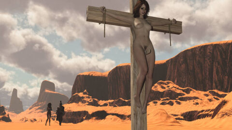 1boy 2girls 3d bound_wrists brown_hair clothed_male_nude_female crucifixion female male mascara_tears nude nude_female original parasura pubic_hair running_mascara