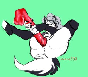 absurd_res anthro ass balls canid canid_demon canine canis clothing collar demon digital_drawing_(artwork) digital_media_(artwork) dildo dildo_in_vagina dildo_insertion female fur genitals hair hellaverse hellhound helluva_boss hi_res humanoid_genitalia legwear loona_(helluva_boss) male mammal masturbation mythological_canine mythological_creature mythology nude penetration penis pussy selem997 sex_toy sex_toy_in_vagina sex_toy_insertion smile solo stockings tail thick_thighs vaginal_masturbation vaginal_penetration white_body white_fur wolf