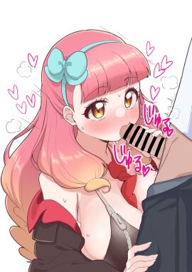 1boy absurdres aikatsu!_(series) aikatsu_friends! alternate_breast_size bar_censor bare_shoulders between_breasts black_bra black_jacket black_pants blue_archive blue_bow blue_hairband blunt_bangs blush bow bow_hairband bra breast_zipper breasts censored cleavage cosplay curly_hair dot_nose eimi_(blue_archive) eimi_(blue_archive)_(cosplay) fellatio female gradient_hair hairband hairbow handjob heart highres jacket large_breasts long_hair male motion_lines multicolored_hair necktie necktie_between_breasts off_shoulder oral orange_eyes orange_hair pants penis penis_out pink_hair red_necktie shirt simple_background sound_effects standing steam sweat tatsuya_(tatuya031200) underwear upper_body voice_actor_connection white_background white_shirt yuuki_aine