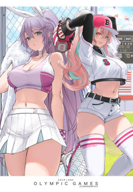 2girls aqua_eyes arms_behind_head arms_up azur_lane baseball_cap baseball_glove belt breasts bremerton_(azur_lane) bremerton_(azur_lane)_(cosplay) bremerton_(scorching-hot_training)_(azur_lane) chain-link_fence choker cosplay costume_switch crop_top crop_top_overhang dishwasher1910 earrings female fence hair_ribbon hat holding intrepid_(azur_lane) intrepid_(azur_lane)_(cosplay) intrepid_(one_intrepid_pitch)_(azur_lane) large_breasts long_hair looking_at_viewer midriff miniskirt multicolored_hair navel pink_eyes pink_hair playing_sports pleated_skirt ponytail purple_hair racket ribbon shirt short_shorts shorts skirt sportswear sweat sweatband tennis_racket tennis_uniform thighhighs towel white_legwear white_shirt white_shorts white_skirt