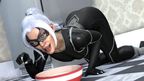 1boy 1girls 3d black_cat_(insomniac) black_cat_(marvel) bodysuit cum curvy dante656565 dantesfm dantesix felicia_hardy female looking_at_viewer male marvel marvel_comics milk milk_bowl slave_girl spider-man_(ps4) spider-man_(series)