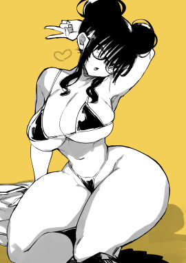 achumuchi arms_up ass bangs big_breasts bikini breasts breasts_out bubble_ass bubble_butt curvy dark_hair erotic_x_anabolic female glasses hair_bun hourglass_figure huge_breasts mitsukura_itsuha nipples original peace_sign short_hair sitting swimsuit thick_thighs thong wide_hips