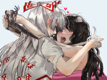 2girls arm_on_another's_shoulder black_hair bow catfight eneshi face-to-face female female_only fujiwara_no_mokou grabbing_another's_hair grey_hair grey_shirt hair hairbow hand_in_another's_hair hands_in_hair heart highres holding holding_another's_hair houraisan_kaguya long_hair multiple_females multiple_girls multiple_hair_bows open_mouth pink_eyes pink_shirt red_bow shirt simple_background tongue tongue_out torn_clothes torn_sleeves touhou two-tone_bow upper_body very_long_hair white_background white_bow yuri