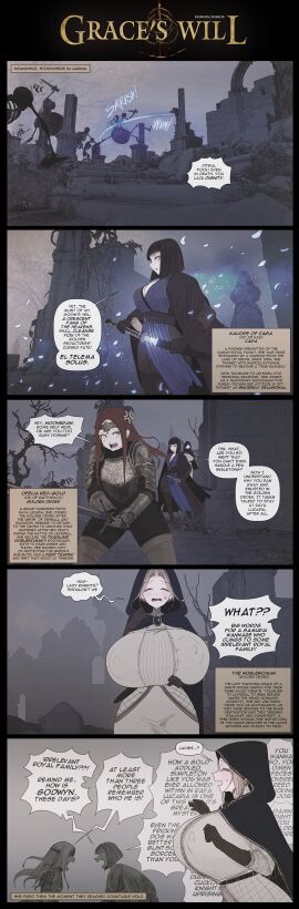 areolae_visible_through_clothing armor armored_female ass big_breasts blonde_female blonde_hair breasts circlet cleavage closed_eyes comic dark_hair elden_ring female female_only fromsoftware fully_clothed gigantic_breasts gloves hood hooded hooded_cloak huge_breasts katana large_areolae large_breasts medium_breasts nipples nipples_visible_through_clothing oc original_character red_hair skeleton sword tarnished tarnished_female thekite thick thick_ass thick_legs thick_thighs thighs wide_hips