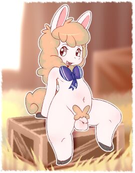 2025 absurd_res alpaca anthro balls bent_legs border camelid english_description flaccid genitals happy hi_res looking_at_viewer lost_hope male mammal navel neck_bow open_mouth penis pubes sitting solo spread_legs spreading teeth tongue white_border