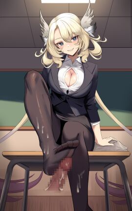 1boy 1girls blonde_hair blue_eyes blush breasts censored classroom cum cum_on_clothes disembodied_penis eien_project female footjob head_wings hhsan huge_breasts indoors light-skinned_female light-skinned_male light_skin looking_at_viewer male male_pov mosaic_censoring pantyhose penis pov room skye_shinryu suit teacher virtual_youtuber