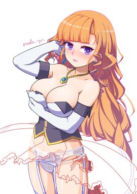 1girls arcana_heart arcana_heart_2 arcana_heart_3 breasts exposed_breasts female long_hair nalia orange_hair petra_johanna_lagerkvist purple_eyes see-through_clothing underwear white_underwear