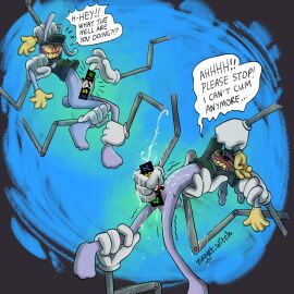 1boy begging begging_to_stop blush bondage dialogue feet glitch_productions gloves handjob jax_(the_amazing_digital_circus) male male_only nugget_witch overstimulation paws restrained robot_arm solo the_amazing_digital_circus