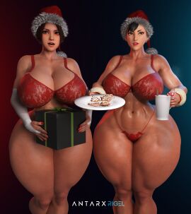 2girls 3d antarxrigel artist_signature asian asian_bimbo asian_female big_breasts black_hair box breasts brown_hair candy_cane capcom christmas_lingerie christmas_outfit chun-li crossover curvaceous curvy_female fatal_fury female g-string gingerbread_cookie holding_object huge_thighs large_breasts light-skinned_female light_skin lingerie mai_shiranui paag present santa_hat snk standing street_fighter thick thick_thighs voluptuous voluptuous_female wide_hips