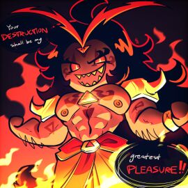 abs arm_hair armor black_hair body_hair bracelet burning_spice_cookie clothed cookie cookie_run cookie_run_kingdom flame gay gem grinning headgear hornbunxx long_hair looking_at_viewer male male_only muscular muscular_male nipples pecs red_body red_eyes sfw_i_think sharp_teeth simple_background smiling solo speech_bubble tattoo text topless topless_male