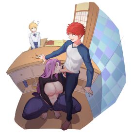 1boy 2girls areolae artoria_pendragon barefoot big_breasts black_sweater blowjob breasts breasts_out cuckquean emiya_shirou exposed_breasts fate/stay_night fate_(series) fellatio female fisheye grabbing_table hand_in_pants hidden_blowjob hidden_sex highres indoors inverted_nipples large_breasts licking_penis light-skinned_female light-skinned_male light_skin lilac_hair long_sleeves male masturbating_during_fellatio masturbation medusa_(fate) navel nipples no_bra nose oblivious partially_clothed penis puffy_nipples purple_hair smugigante squatting stealth_fellatio stealth_sex sweater tagme tongue uncensored