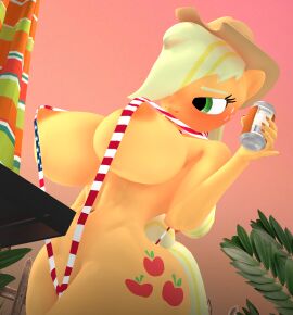 1girls 3d 4th_of_july alcohol american_flag_bikini anthro applejack_(mlp) areola beer beer_can belly belly_button big_breasts bikini blush breasts busty clothes drink earth_pony female flag_bikini friendship_is_magic g4 hair_over_one_eye hasbro high_res holidays low_angle mare my_little_pony nipples nudity outdoors purplefondue sling_bikini solo solo_female swimsuit useless_clothing
