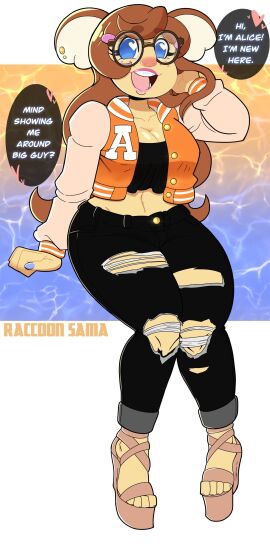 1girls alice_(animal_crossing) animal_crossing animal_crossing_new_horizons anthro big_breasts blue_eyes blue_nails braces breasts brown_hair crop_top dialogue female flirting_with_viewer freckles furry glasses high_heels koala long_hair nerdy_female pink_lipstick raccoon_sama ripped_jeans simple_background simple_shading varsity_jacket