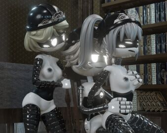 1boy 2girls 3d 3d_(artwork) accurate_art_style alexandrstariy butler cowgirl_position drone female glasses glitch_productions gold_hair golden_hair j_(murder_drones) j_worker_drone library light_gray_hair maid maid_headdress male male/female murder_drones n_(murder_drones) n_worker_drone penis pussy riding riding_penis robot robot_boy robot_girl sex stepanaan v_(murder_drones) v_worker_drone vaginal vaginal_penetration vaginal_sex white_eyes white_hair