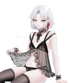 1girls absurd_res absurdres arm_support belly belly_button black_bra black_camisole black_choker black_legwear black_leotard black_lingerie black_panties black_ribbon black_stockings black_thighhighs black_underwear black_wristband bra breasts camisole choker collarbone dot_nose drake_(nikke) earrings female female_focus female_only fingernails fingers frilled_bra frilled_panties frilled_underwear goddess_of_victory:_nikke groin half-closed_eyes half_naked high_resolution highres hourglass_figure knees lace lace-trimmed_panties lace_bra lace_lingerie lace_panties lace_underwear laced_bra laced_panties laced_underwear legs legwear leotard light-skinned_female light_skin lingerie lingerie_bra lingerie_only lingerie_panties looking_at_viewer medium_hair naked naked_female navel nude nude_female ohisashiburi panties parted_bangs petite petite_body petite_breasts petite_female pussy red-eyed_female red_eyes ribbon ribbon_earrings short_hair shoulders simple_background sitting skindentation slender_body slender_waist slim_female slim_waist small_breasts solo stockings thick_thighs thighhighs thighs thin_waist underwear underwear_only upper_body v-line white-haired_female white_background white_eyebrows white_hair wide_hips wristband