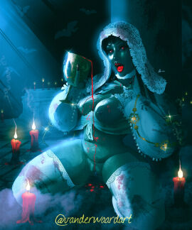 1girls black_hair bram_stoker's_dracula breasts bridal_veil bride_of_dracula cup fangs female female_only goblet icebeam86 kneeling lace-trimmed_legwear long_hair looking_at_viewer nipple_piercing nipples open_mouth piercing pouring_on_self pussy red_eyes red_lips stockings vagina vampire veil