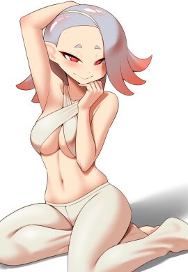 1girls alternate_costume bare_shoulders barely_contained bra breasts female grand_festival_(splatfest) hand_on_chin hand_on_head light-skinned_female light_skin navel nintendo nobunagapero octoling octoling_girl official_alternate_costume red_eyes red_hair red_highlights shiver_(grand_festival) shiver_(splatoon) sidecut skindentation smile splatfest splatoon splatoon_(series) splatoon_3 team_future_(splatfest) tentacle_hair tight_pants two-tone_hair white_hair