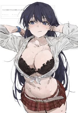 1girls :/ absurdres arms_behind_head belt belt_buckle black_bra black_hair blue_eyes blush bra bra_cups_sticking_out breasts buckle cleavage collarbone collared_shirt cowboy_shot earrings female frilled_bra frills front-tie_top hair_between_eyes hand_in_own_hair highres huge_breasts japanese_text jewelry large_breasts le_(szs0k) light_blush long_black_hair long_hair looking_to_the_side microskirt midriff nagi_arato navel nose_blush open_clothes open_shirt plaid_clothes plaid_skirt pleated_skirt raised_eyebrows red_skirt request_inset ruri_no_houseki ruri_rocks shirt short_skirt simple_background skirt sleeves_rolled_up solo solo_female solo_focus stomach stud_earrings sweat tied_shirt underwear very_long_hair white_background white_belt white_shirt wristband