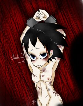 2boys age_difference bruises dark_hair dc dc_comics dick_grayson gay injured male naked naked_male nonconsensual prisioner robin_(dc) robin_(dick_grayson) slade_wilson taboo teen_titans yaoi younger_male