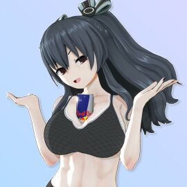 1girls 3d alternate_breast_size between_breasts big_breasts black_hair black_panties breasts busty cleavage confident drink female female_only hair_ribbon half-closed_eyes large_breasts long_hair looking_at_viewer midriff naughty_face navel neptunia_(series) open_mouth panties red_bull red_eyes sensual sexually_suggestive smile sports_bra teasing teeth toned tongue twintails uni_(neptunia) voluptuous
