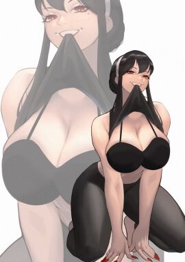 1girls beauty_mark big_breasts black_bra black_hair bra breasts busty curvy female hairband kneeling lifting_shirt light-skinned_female light_skin on_knees painted_fingernails painted_nails red_eyes red_fingernails red_nails shirt_in_teeth smiling spy_x_family teasing yor_briar yor_forger zukululuu