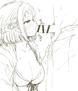 1boy balls bar_censor bikini blush breasts censored cleavage fellatio female gakuen_idolmaster greyscale half-closed_eyes idolmaster jacket katsuragi_lilja kimi_to_semi_blue_(idolmaster) large_breasts lockheart male monochrome oral penis profile straight sweat swimsuit testicles