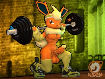 3d 5_fingers accessory anthro armwear balls blurred_background brown_eyes calem_(tcflsfm) clothed clothing digital_media_(artwork) eeveelution erection exercise femboy fingers flareon footwear fur generation_1_pokemon genitals headband hi_res humanoid_genitalia humanoid_penis leggings legwear looking_at_viewer male nintendo nipples one_eye_closed orange_body partially_clothed penis perineum pokemon pokemon_(species) shoes solo source_filmmaker_(artwork) tcflsfm weightlifting weights wink winking_at_viewer workout yellow_body yellow_fur