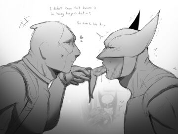 2boys baimonbluewhale banana blush bodysuit deadpool facial_hair food food_in_mouth full-face_blush gay heart holding_banana logan_(x-men) looking_at_another male male_only marvel marvel_comics mask monochrome mutant_(marvel) mutate_(marvel) sexually_suggestive smile wade_wilson wolverine_(x-men) x-men yaoi