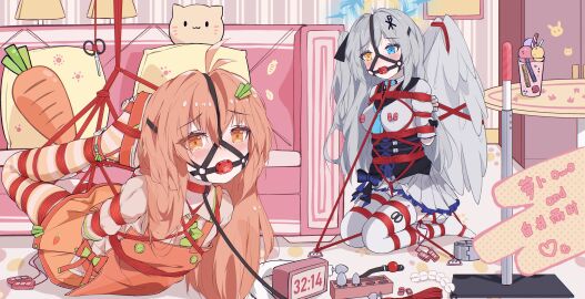 2girls abigcarrot_owo absurdres anal_beads anal_tail angel_wings apron artist_name ball_gag blush bondage bound butt_plug character_name countdown fake_tail female gag gagged hair_ornament highres indoors long_hair looking_at_viewer multiple_females multiple_girls orange_apron orange_eyes orange_hair orange_thighhighs original peril restrained school_uniform scissors serafuku sex_toy tail thighhighs white_hair white_thighhighs wings