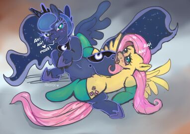 alicorn anykoe blush clothing collar crown dialogue duo equid equine female female/female feral fluttershy_(mlp) footwear friendship_is_magic genitals gradient_background hasbro headgear heart_eyes heart_symbol hi_res horn looking_at_another looking_at_viewer looking_pleasured mammal my_little_pony mythological_creature mythological_equine mythology open_mouth pegasus princess_luna_(mlp) royalty scissors_position signature simple_background socks spread_wings talking_to_another text tongue tongue_out vulva wings