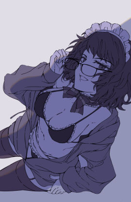 1girls atlus belly_button black_hair black_legwear black_thighhighs bow bra breasts cleavage collarbone female glasses hoodie looking_at_viewer maid maid_bikini maid_headdress medium_breasts megami_tensei megane panties persona persona_5 persona_5_royal sadayo_kawakami short_black_hair short_hair sideboob stockings taking_off_glasses thighhighs yaoto